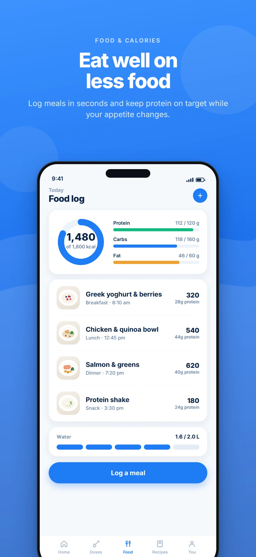 Jabsy food log with calories, protein and daily meals