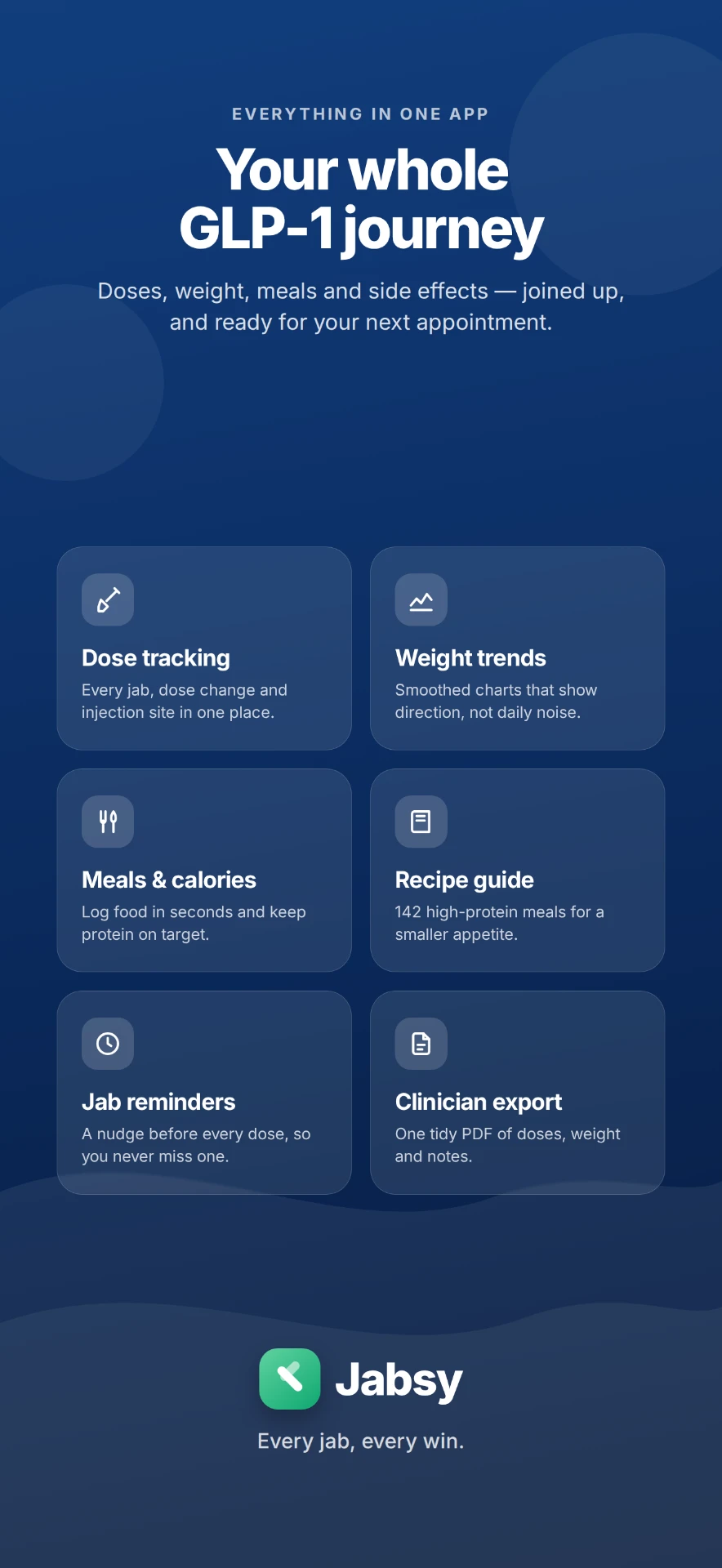 Jabsy overview showing dose, weight, meals, recipes, reminders and exports