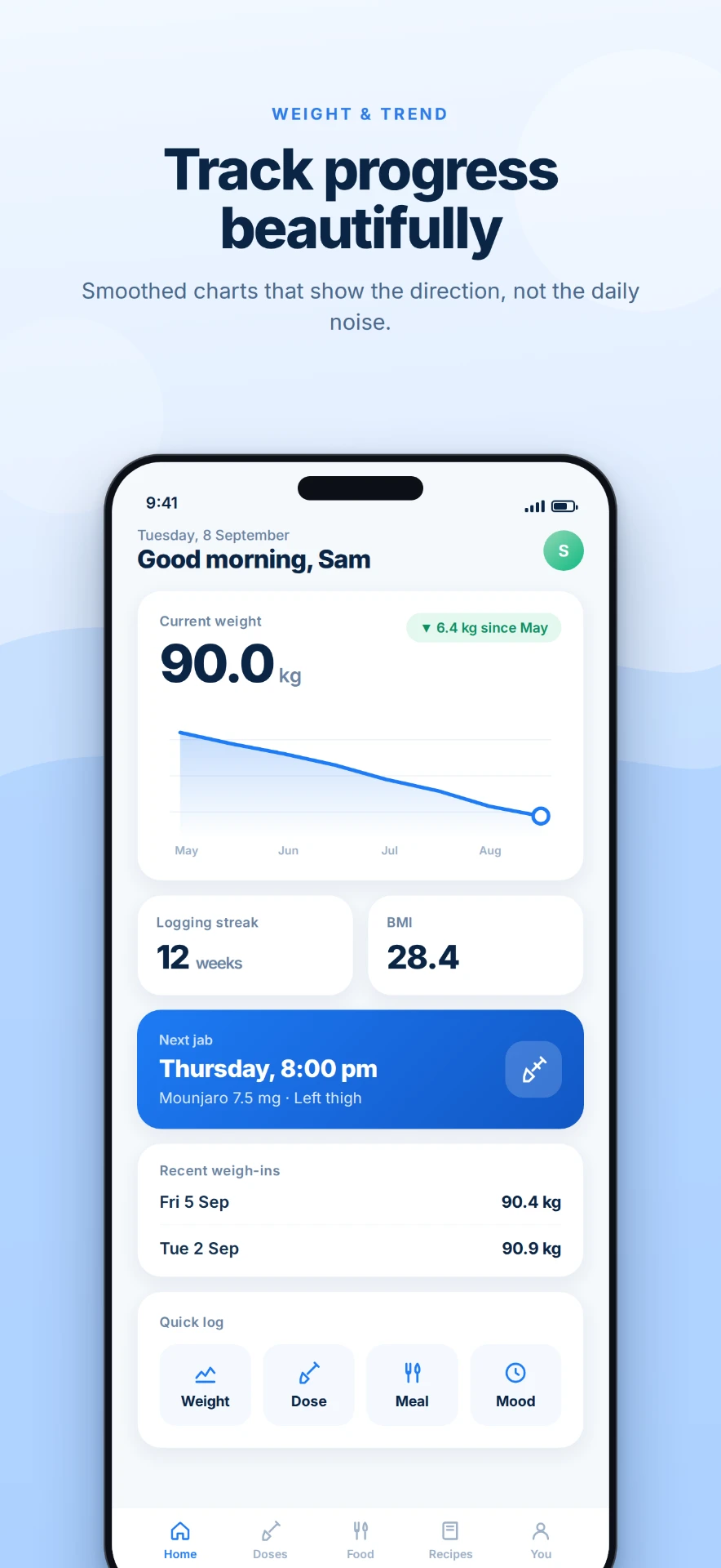 Jabsy home screen with weight trend, next jab and quick logging